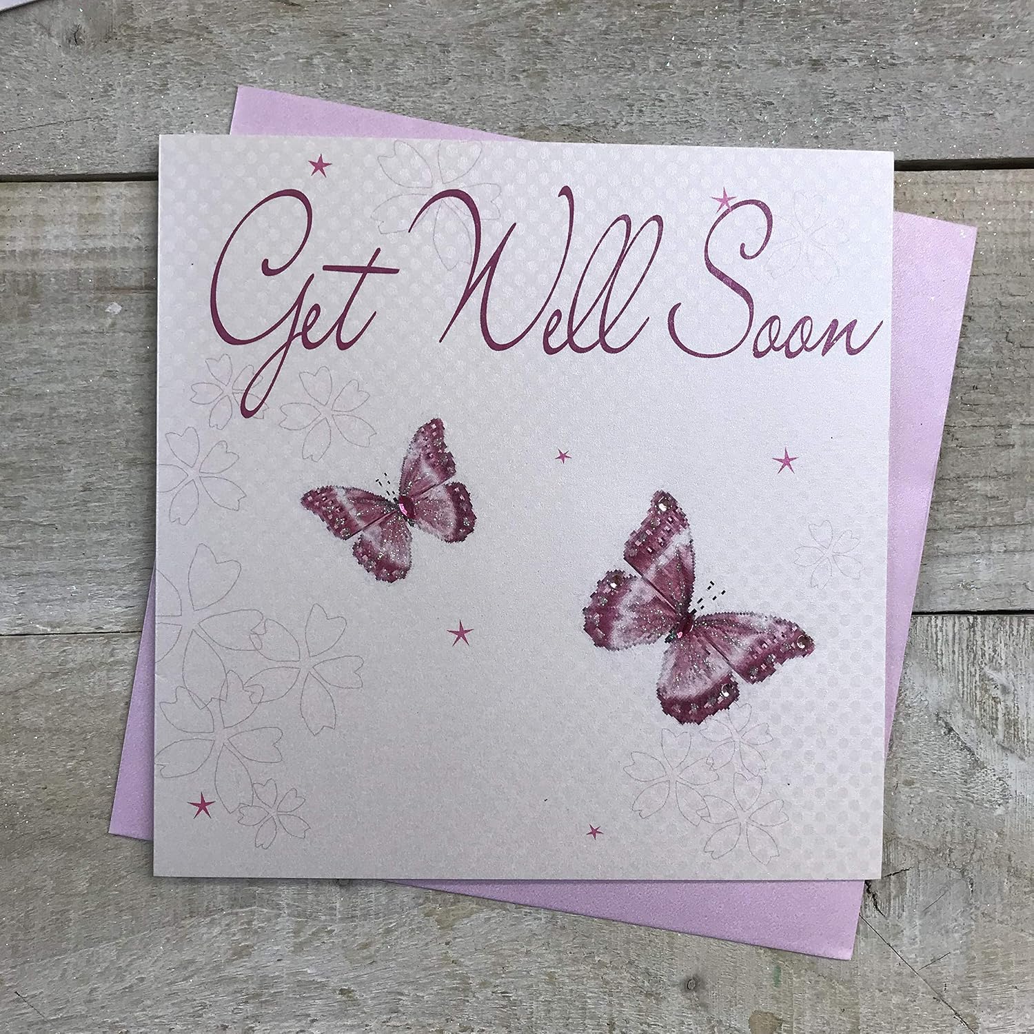 WHITE COTTON CARDS Get Well Soon Handmade Card, Butterflies, WB89,16cm x 16cm
