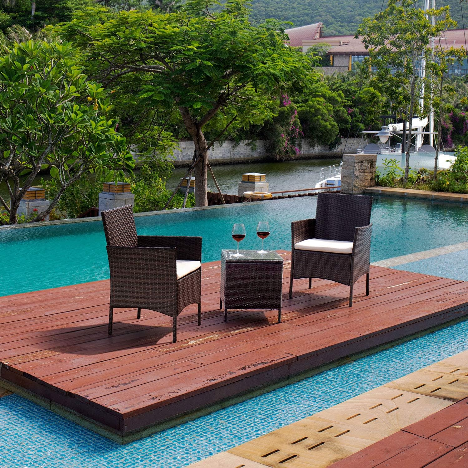 Devoko Patio Porch Furniture Sets 3 Pieces PE Rattan Wicker Chairs with Table Outdoor Garden Furniture Sets (Brown/Beige): Garden & Outdoor