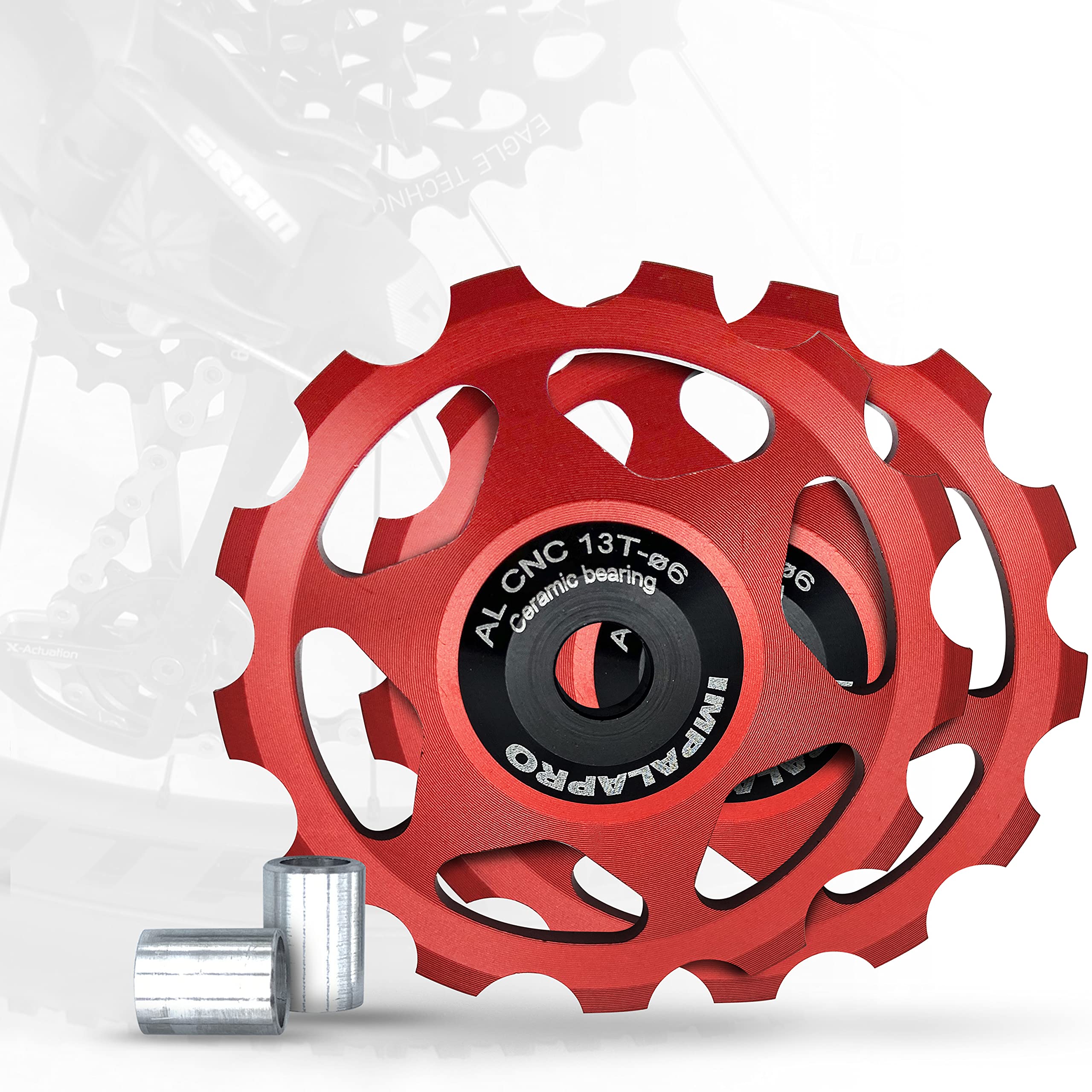 Impalapro Bike Set of 2 13T Jockey Wheel - Pulley Wheel for Derailleurs for Bikes Ultralight and Durable with Ceramic Bearing for MTB or Road Bike - Derailleur Pulley - Shimano Derailleur (Red)