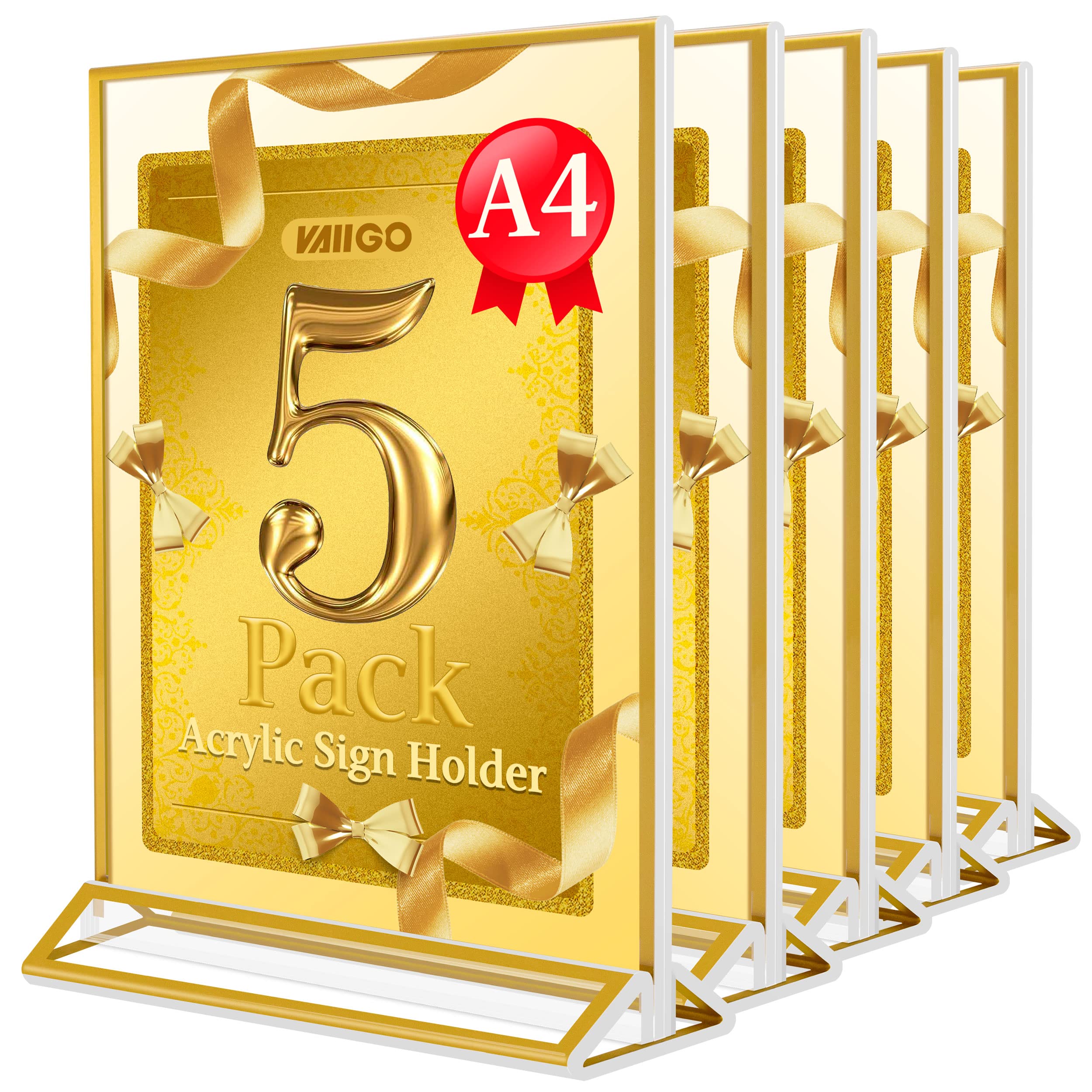 VAIIGO A4 Acrylic Sign Holder with Gold Borders, Upright Double Sided Poster Menu Holder, Ideal for Wedding Table Numbers, Restaurant Banquet Menu Holder, Counter Display Stand, Etc-5 Pack — image 1