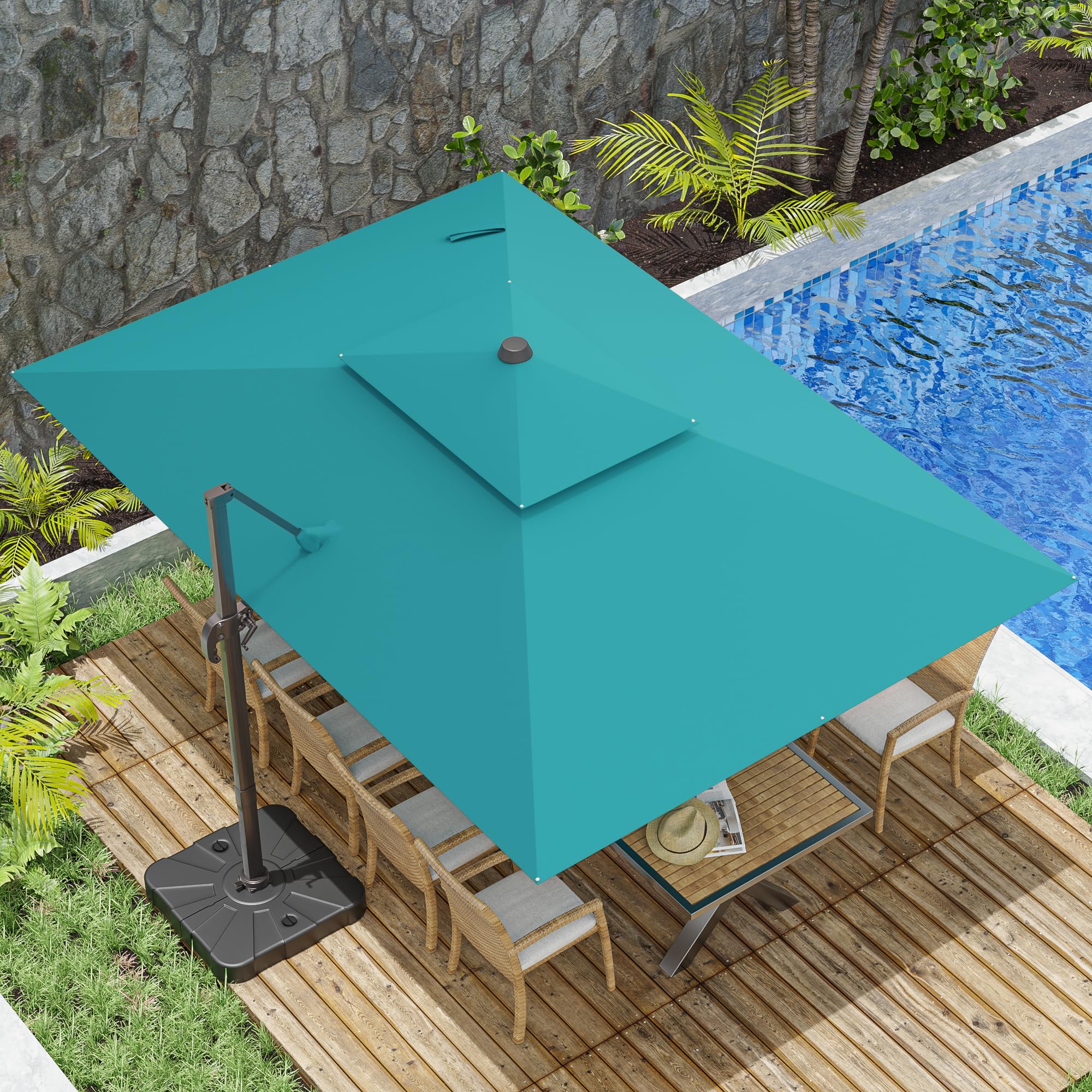 Photo 1 of ZLACUIU 10x13FT Cantilever Outdoor Patio Umbrellas, Double Top Large Rectangle Umbrella, Heavy Duty 360° Rotation Offset Outdoor Sun Shade Umbrella for Garden Deck Pool Backyard, Turquoise