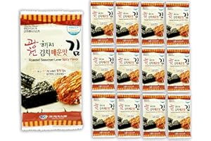 Korean Crispy Seasoned Seaweed Snacks Kimchi Spicy Sheets - 12 Individual Packs 100% Natural Laver 12 Pack Roasted Nori Snack Healthy Premium Gim by Unha's Asian Snack Box (Kimchi)