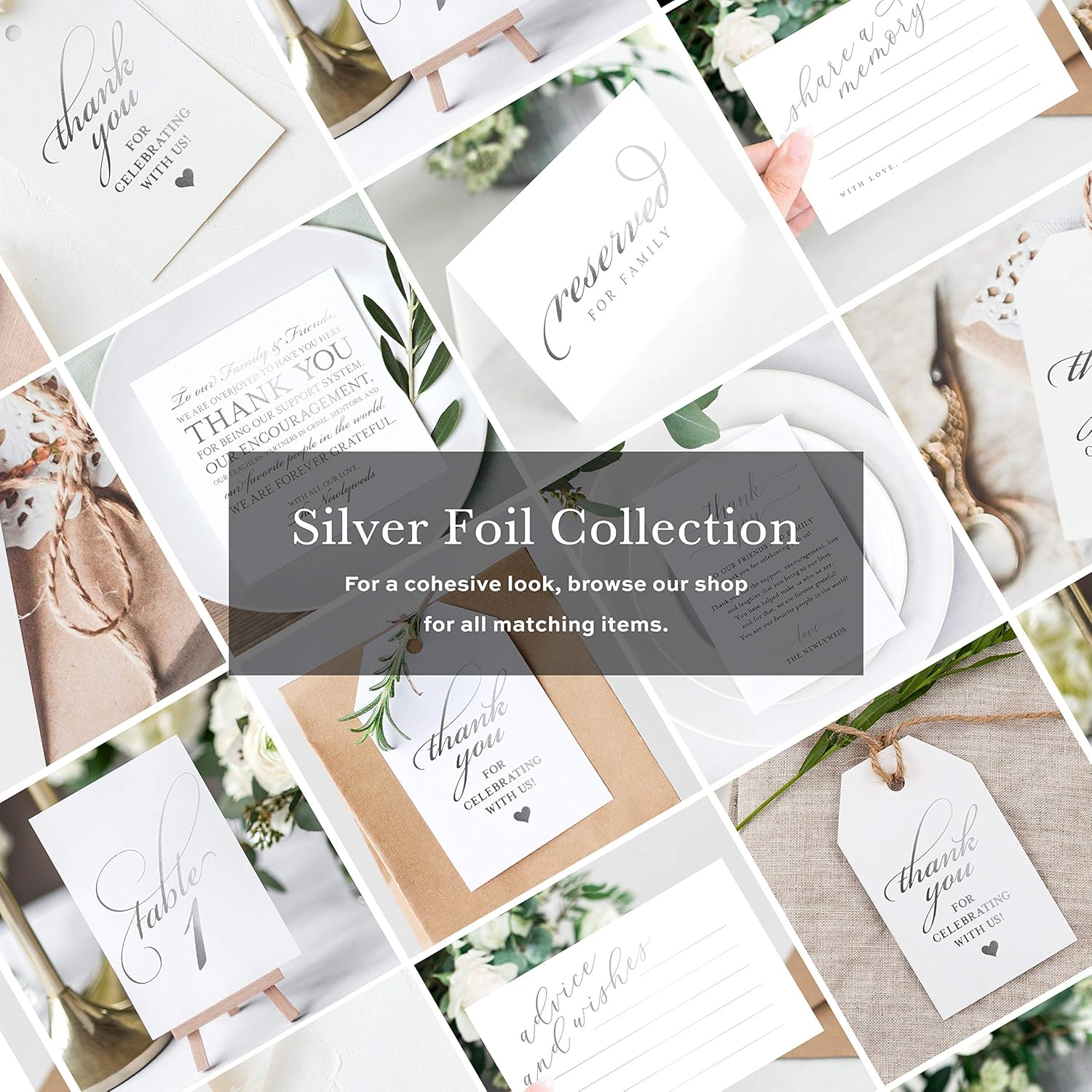 Bliss Collections Wedding Reception Thank You Cards - Pack of 50 Real Silver Foil Cards are a Great Addition to Your Table Centerpiece and Wedding Decorations, 5x5 Cards, Made in The USA: Home & Kitchen