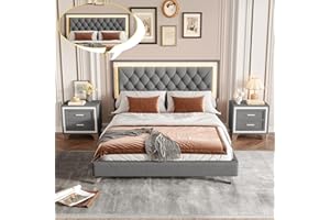 Linique 3-Pieces Bedroom Sets, Queen Size Velvet Upholstered Platform Bed Frame with LED Lights and Two Nightstands, Wooden Platform Bed with Button Tufted Headboard, Grey