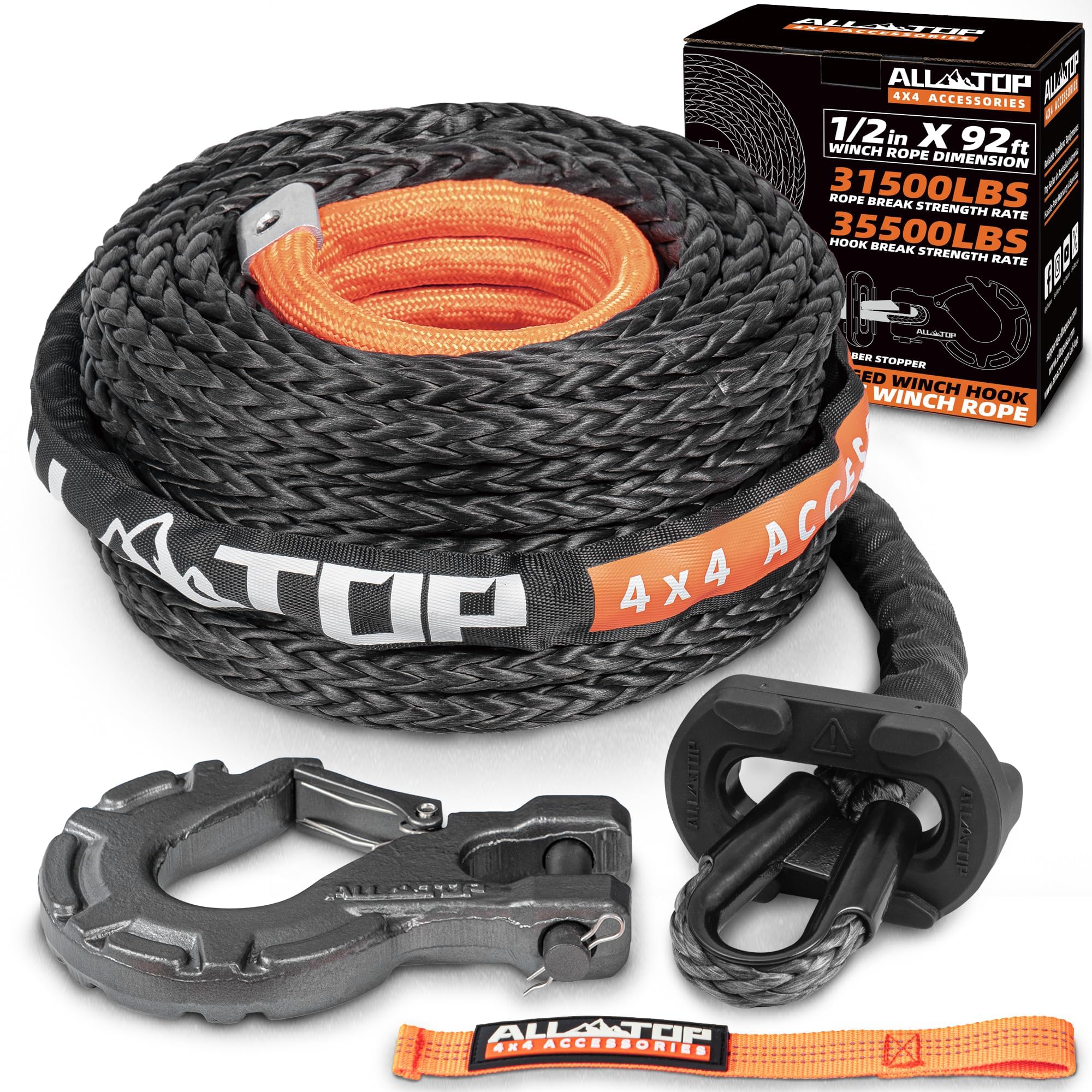 Photo 1 of ALL-TOP Synthetic Winch Rope w/Hook & Isolator, 1/2in x 92ft, 31500Lbs UHMWPE Cable Replace Kit, Forged Hook & Rubber Stopper & Safety Pull Strap