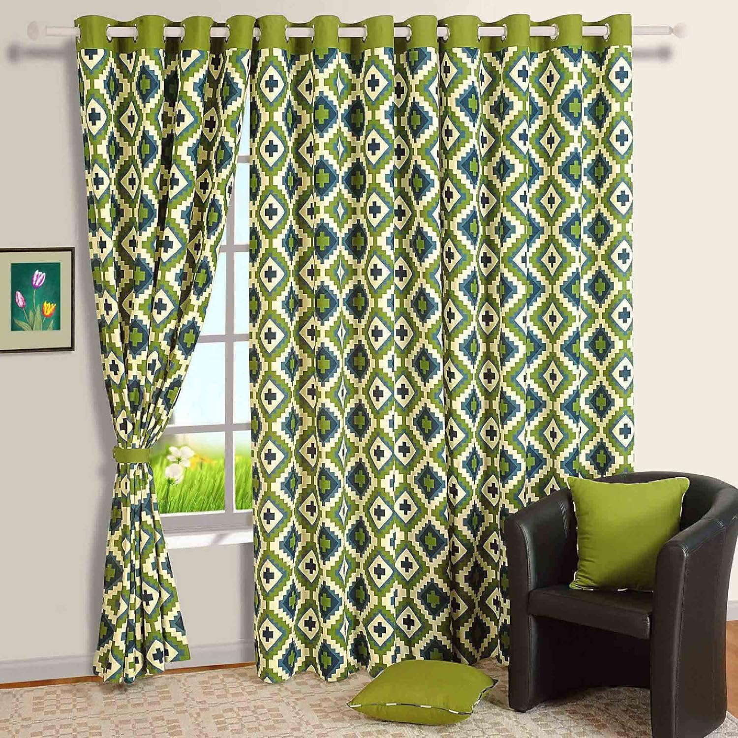 ShalinIndia Green and tan Damask Print Cotton Door Curtains