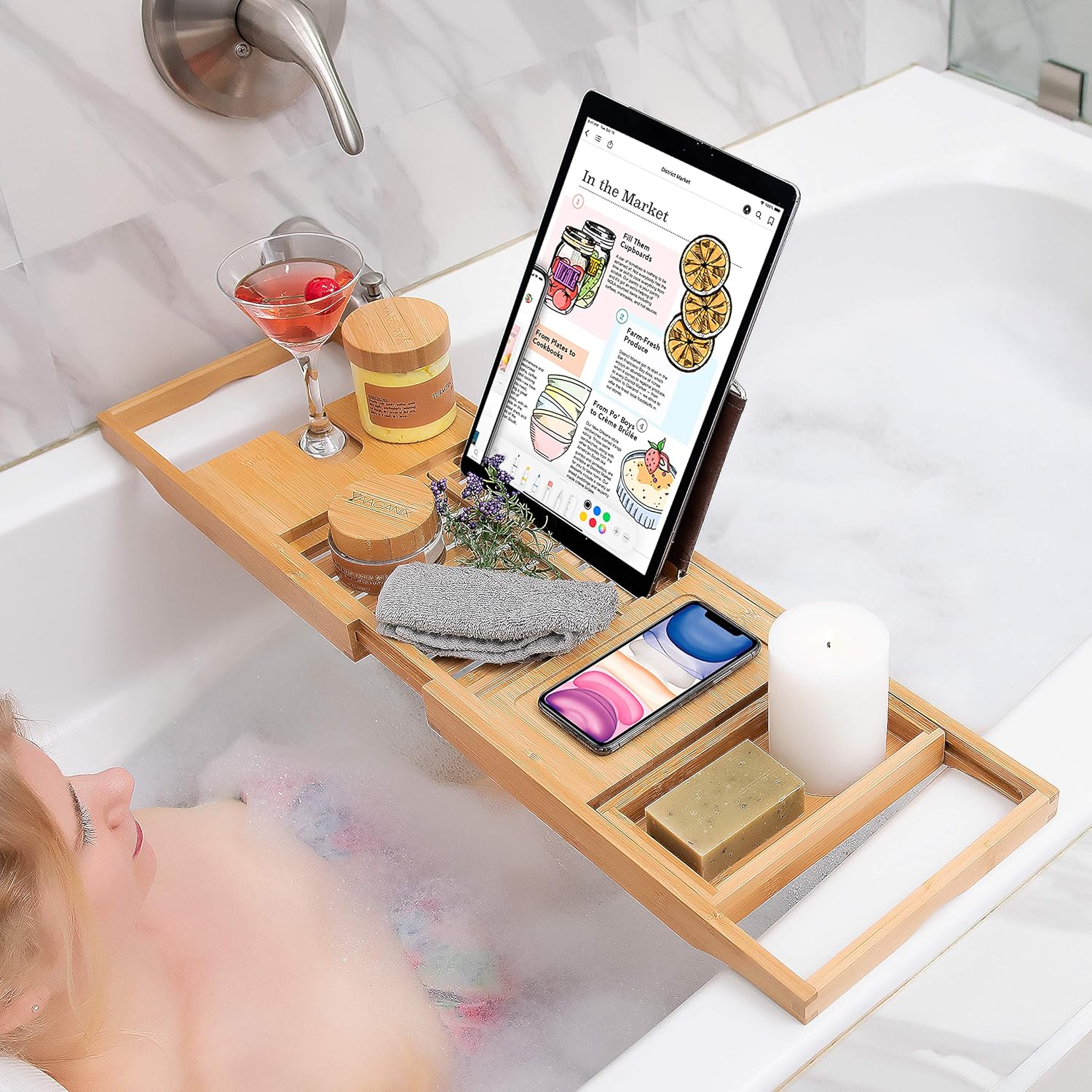 Bamboo Bathtub Tray - Perfect Expandable Bathtub Caddy with Reading Rack or Tablet Holder, This Premium Bath Tray Includes a Wine Glass Holder: Kitchen & Dining