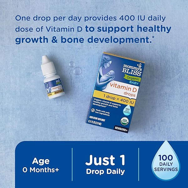 MOMMY’S BLISS ORGANIC BABY VITAMIN D DROPS | PROMOTES HEALTHY GROWTH AND BONE DEVELOPMENT | AGE NEWBORN+ | 0.11 FL OZ (100 SERVINGS)