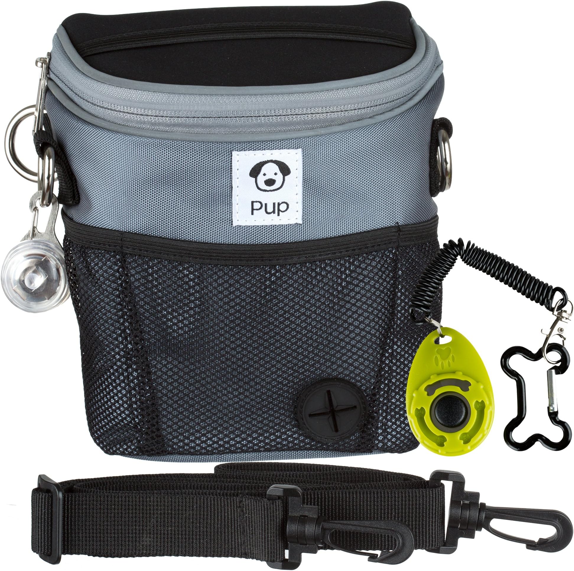 Large Reflective Dog Walking Training Treat Bag w/ Clicker Trainer and Safety Collar Light for Night Dog Walks - Built-in Poop Bag Dispenser - Carries Phone, Balls for Dogs, Treats - 3 Ways To Wear
