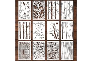KELUNA Tree Texture Stencils for Painting - 12 Pcs Tree Branches Stencils for Painting on Wood Wall Decor, Mixed Designs Tree Branch Bird Stencils for Painting on Canvas Wood Wall Floor Home Decor