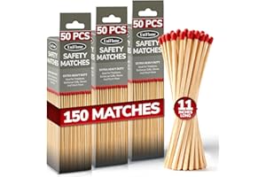 THE FRYOILSAVER COMPANY 11-Inch Extra Long Wooden Safety Matches (3 Pack) - Ideal for Lighting Fireplace, Candles, Grills & Camping Firepits - Strike on Box - Heavy Duty Long Matches for Fireplace - 150 Count