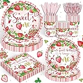 120PCS Strawberry Themed Supplies for Girls Kids Sweet One 1st Birthday Party Decorations Berry First Tableware Set Plates Napkins Cups and Forks Knives Serves 20 Guests