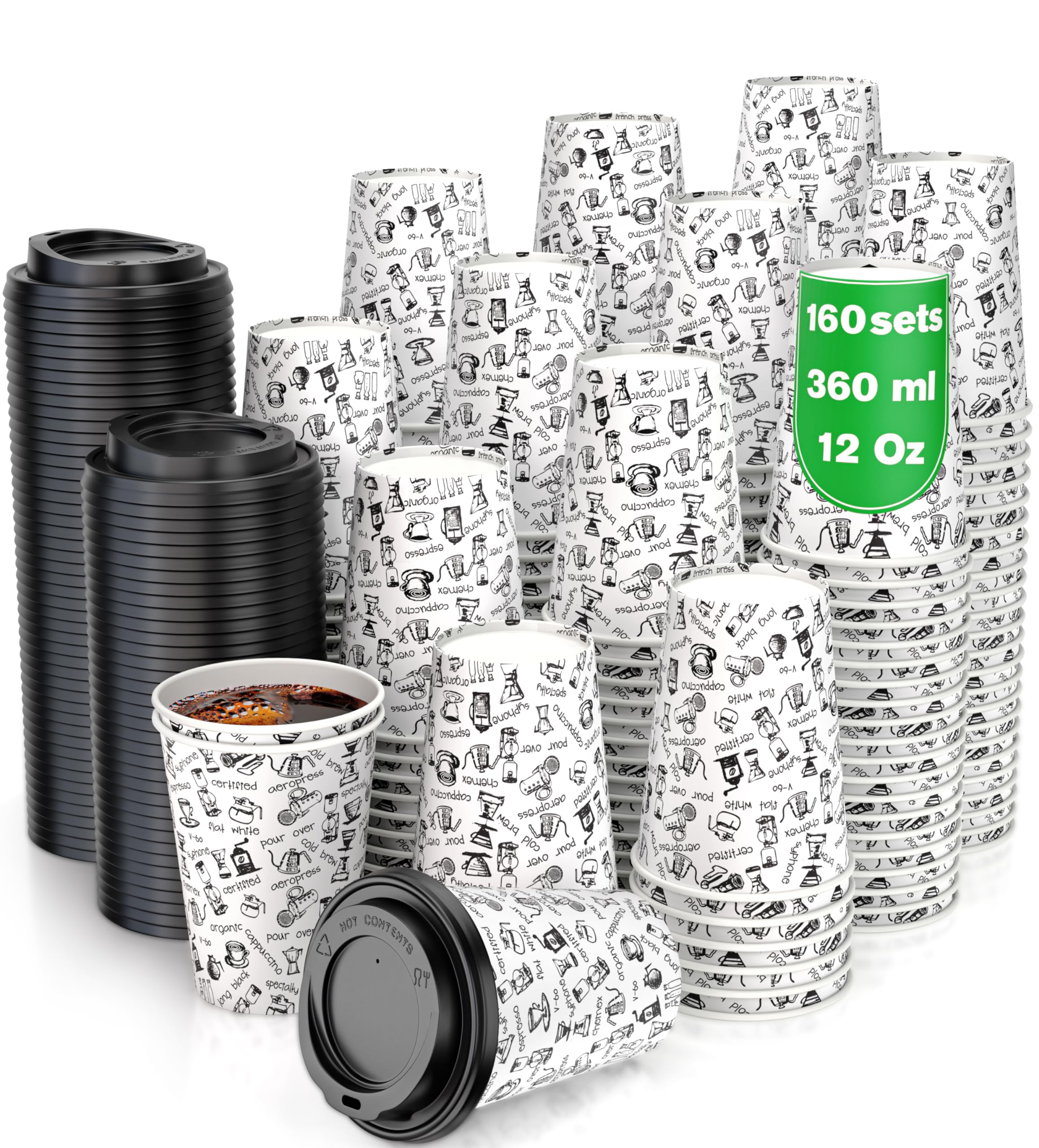 160 Paper Cups Coffee to Go - 12 Ounces Coffee Cups with Lids and Wooden Stirrers for Serving Coffee, Tea, Hot and Cold Drinks