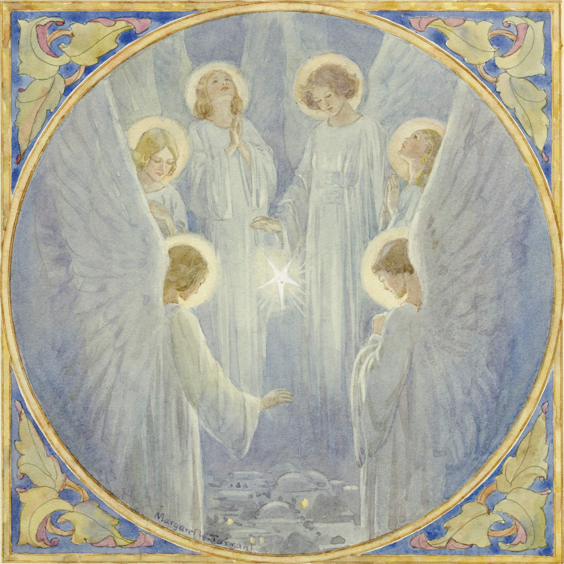 Pack of 8 Charity Christmas Cards (ALM-ALCX0486) - Angels Gathered Around a Star - Stunning Religious Christmas Cards from The Almanac Gallery - Sold in Aid of Marie Curie