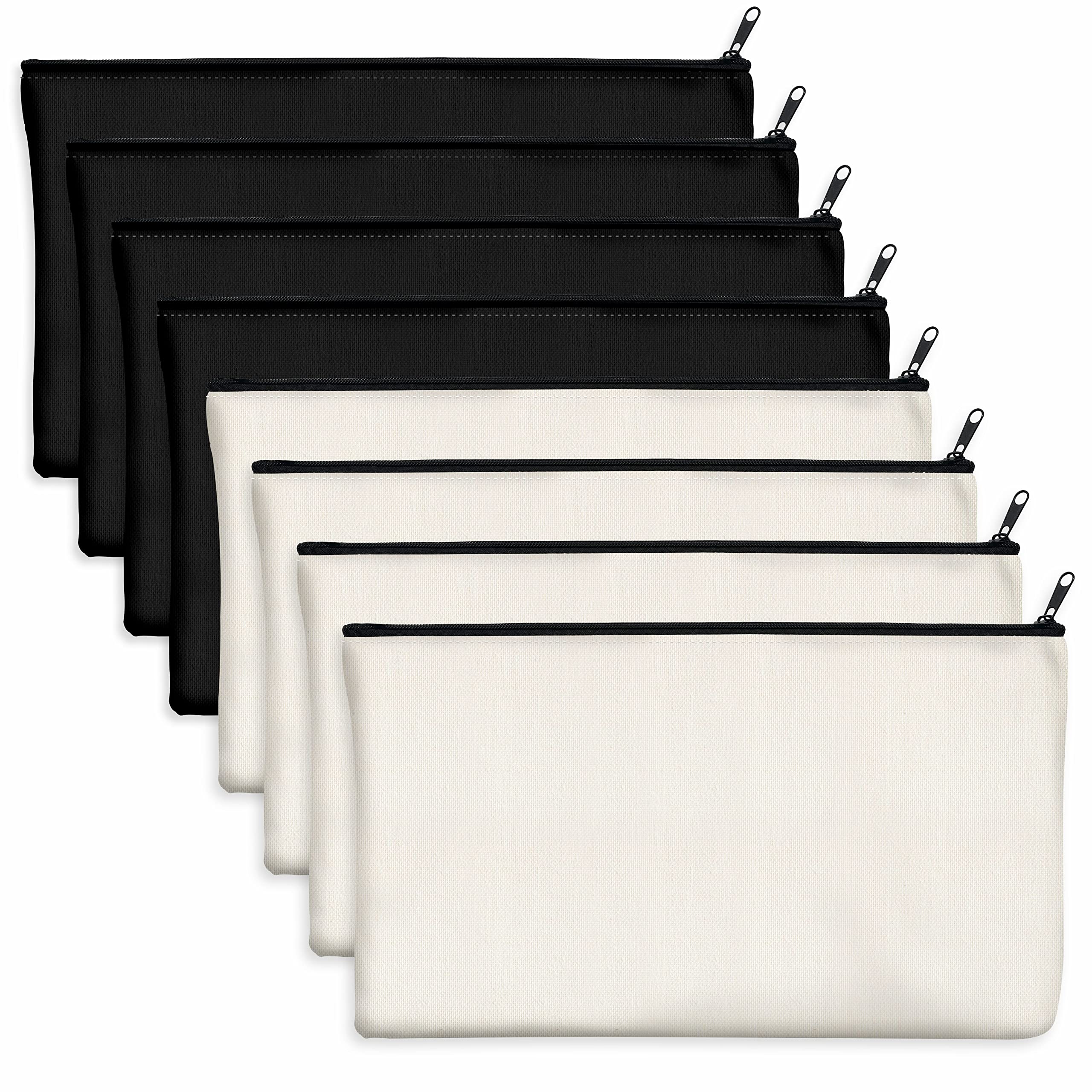 8 Pack Canvas Pencil Pouch, DIY Craft Zipper Bags Blank Makeup Bags Multifunctional Pouches Pencil Case for Cosmetic Toiletry Stationary (Black & Beige, 8.3” x 4.7”)