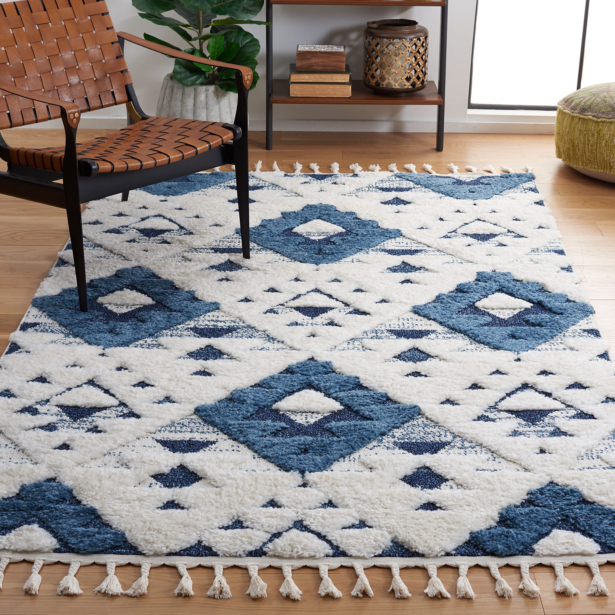 SAFAVIEH Moroccan Tassel Shag Collection Area Rug - 6'7" x 9'2", Blue & Ivory, Boho Design, Non-Shedding & Easy Care, 2-inch Thick Ideal for High Traffic Areas in Living Room, Bedroom (MTS688M) Image SAFAVIEH Moroccan Tassel Shag Collection Area Rug - 6'7" x 9'2", Blue & Ivory, Boho Design, Non-Shedding & Easy Care, 2-inch Thick Ideal for High Traffic Areas in Living Room, Bedroom (MTS688M) Image