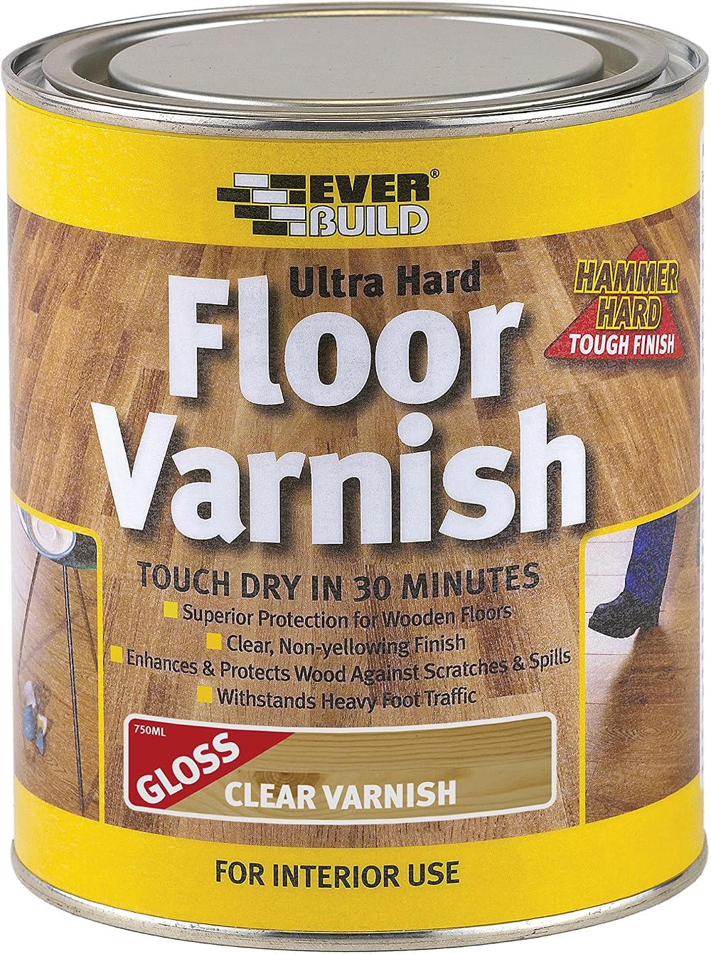 Everbuild Ultra Hard Floor Varnish Gloss 750ml Quick Dry Scratch Resistant