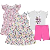 BTween Girls Mix and Match Set 4 Pack Soft Cotton Blend, Shirt. Biker Short, Dress and Romper
