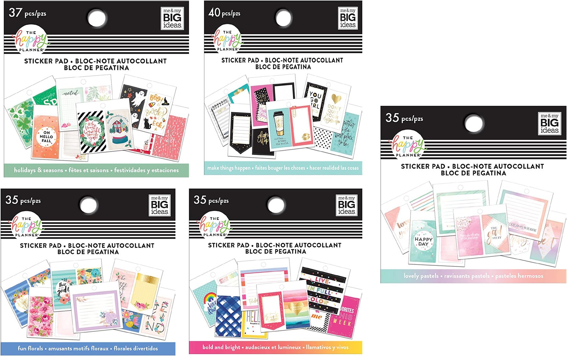 me & my BIG ideas The Happy Planner Tiny Sticker Pad Value Pack: Lovely Pastel, Bold and Bright, Make Things Happen, Fun Florals, Holidays & Seasons (Set of 5)