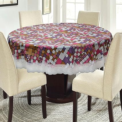 E-Retailer Waterproof Round Table Cover with White Lace Multi Color Square Pattern(Suitable for 4 Seater, 60 inch Diameter)