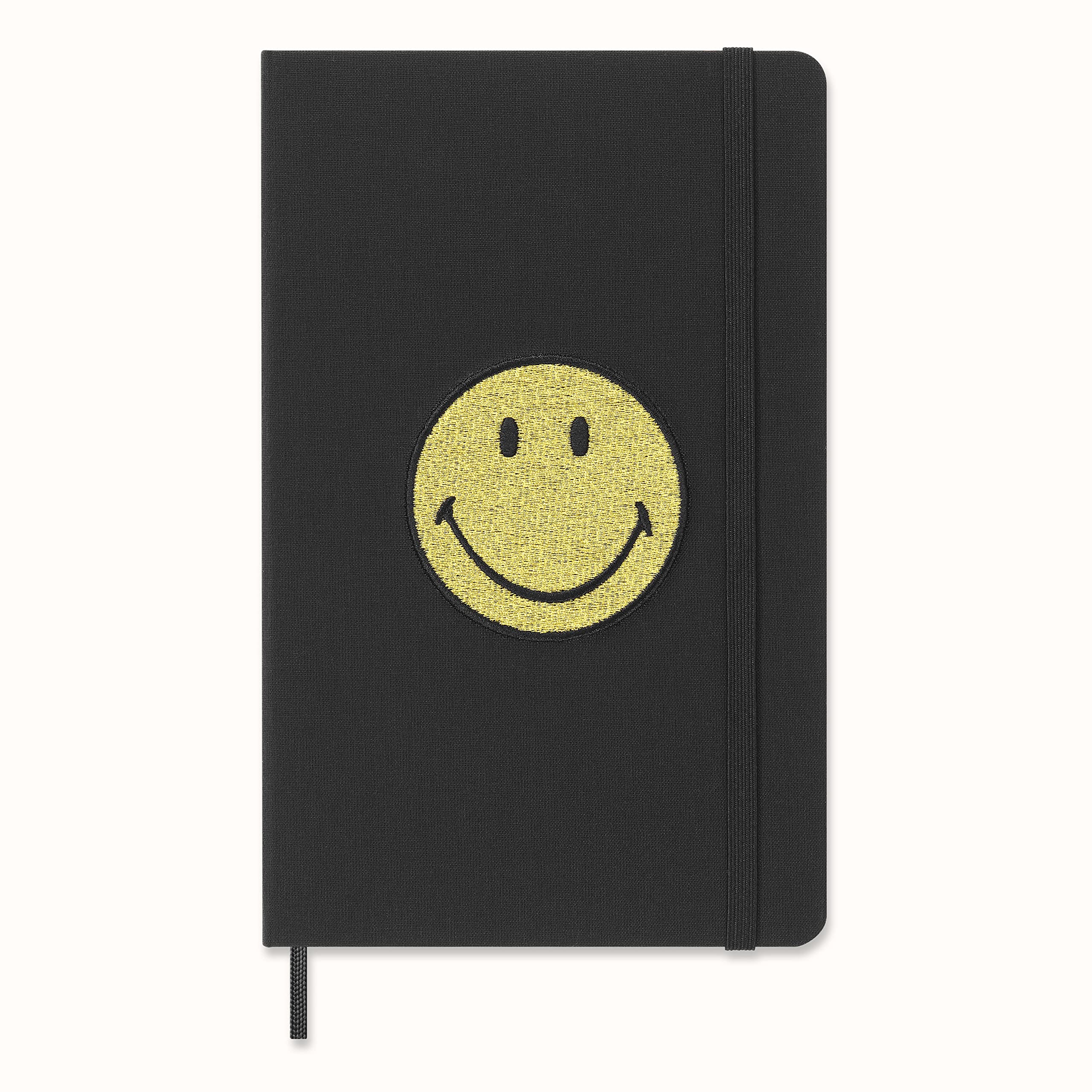 Moleskine - Limited Edition Smiley Ruled Notebook, Hard Cover and Elastic Closure Journal, Size Large 13 x 21 cm, Colour Black