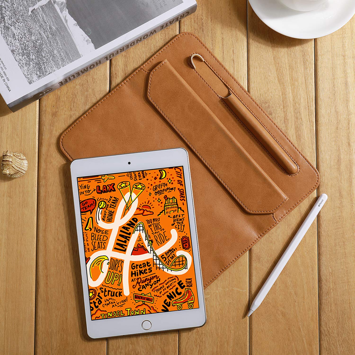 Hcyang iPad Mini 5 Case Leather Soft Microfiber Slim Leather Thin 7.9 inch Tablet Sleeve Bag with Pencil Holder Trifold Case for Apple iPad Mini 5th Generation 2019 Brown