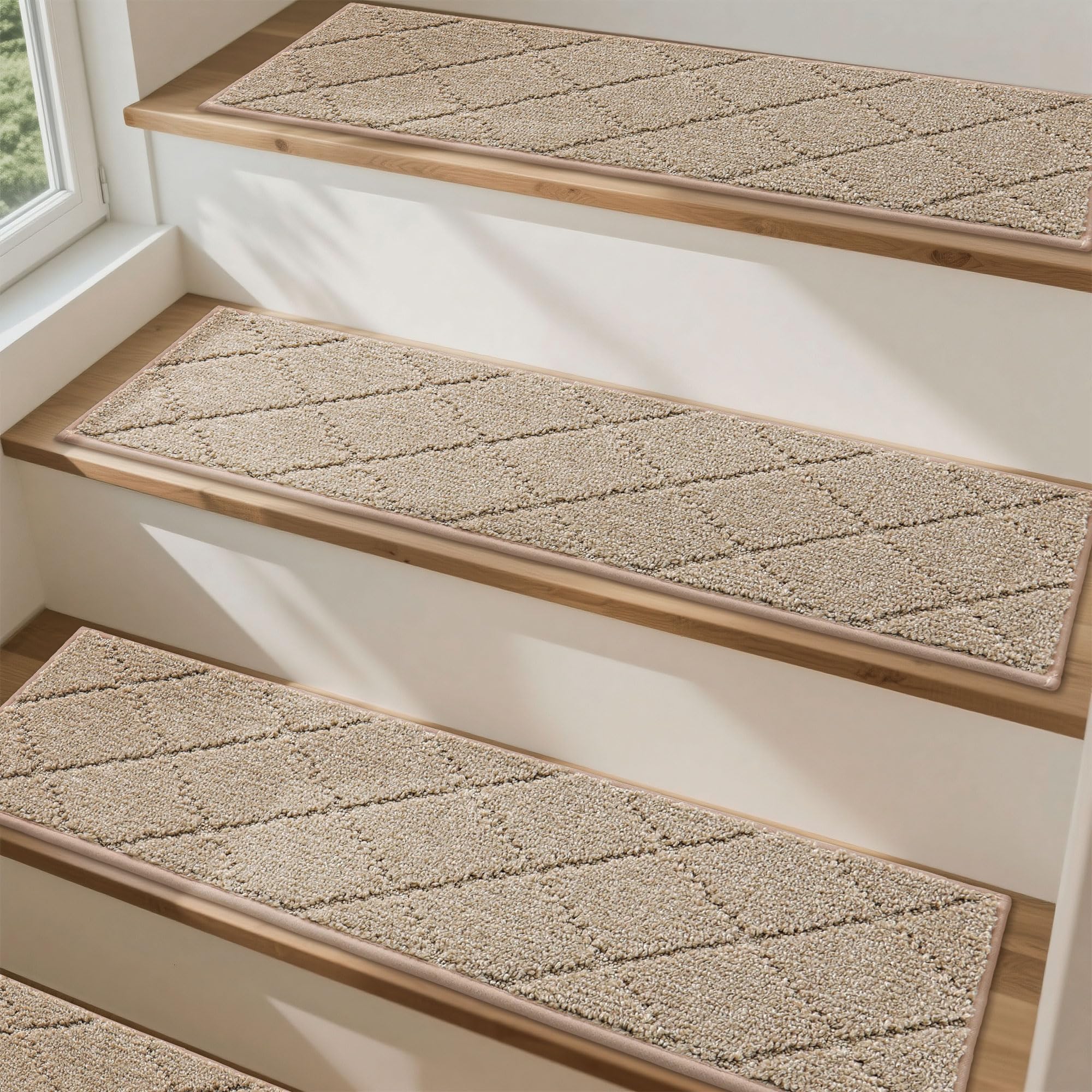 COSY HOMEER Full Edge Wrapping Stair Treads,70x22 CM Non-Slip Carpet Mat for Indoor Stairs, Single Color Polyester Stair Tread Runners Pads for Wooden Steps, Friendly to Kids Pets Elders(4pc, Beige)