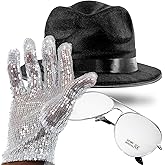 King of Pop MJ Costume with Bad LP Accessories, Black Fedora Hat, Silver Sequin Glove, Aviator Sunglasses, and Thank You Card Novelty Cosplay and Halloween Dress Up Props