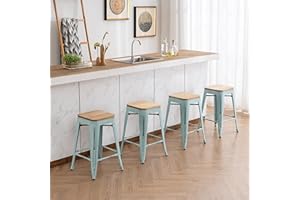 YOUNIKE Metal Bar Stools 24 Inches Wood Set of 4 Stackable Modern Industrial Distressed Metal Counter Height Indoor Outdoor Kitchen Stools Bar Chairs Blue