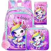 CCJPX 3PCS Unicorn Backpack for Girls, 16 Inch Kids Water Resistant Preschool Bookbags with Lunch Box, Cute Ballet Elementary School Backpacks for Kindergarten Toddler Travel