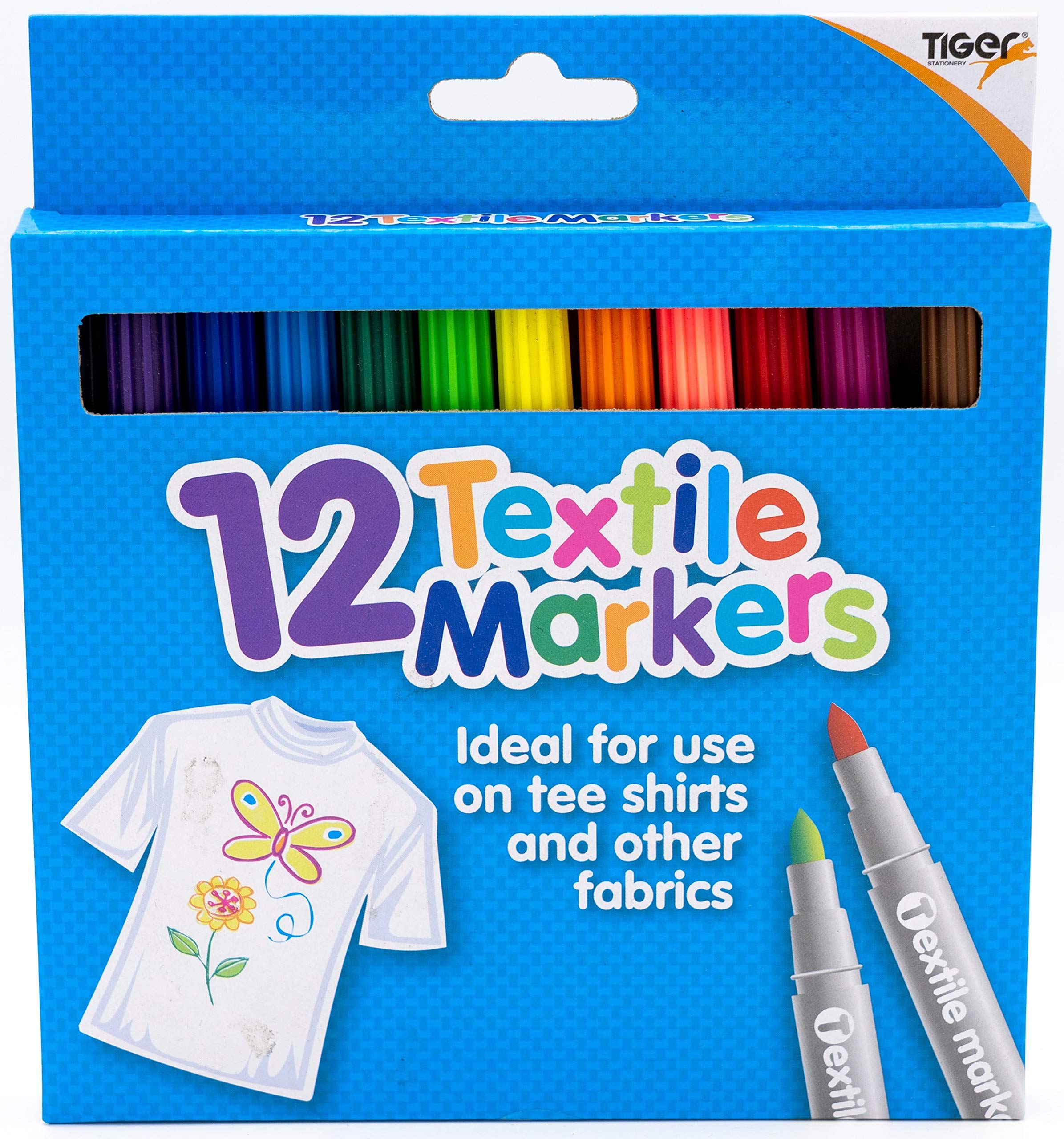 Tiger Textile Fabric Markers - Pack of 12 Pens Assorted Colours - Ideal for T-Shirts, Bags, Trainers, Clothes, Soft Toys