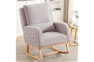 HCHAIRH Rocking Chair Nursery, Sherpa Nursing Rocking Chairs, Upholstered Nursery Glider Rocker for Mom Nursery Morden Accent Rocking Chair Pillow for Living Room,Bedroom,Teddy Light Grey
