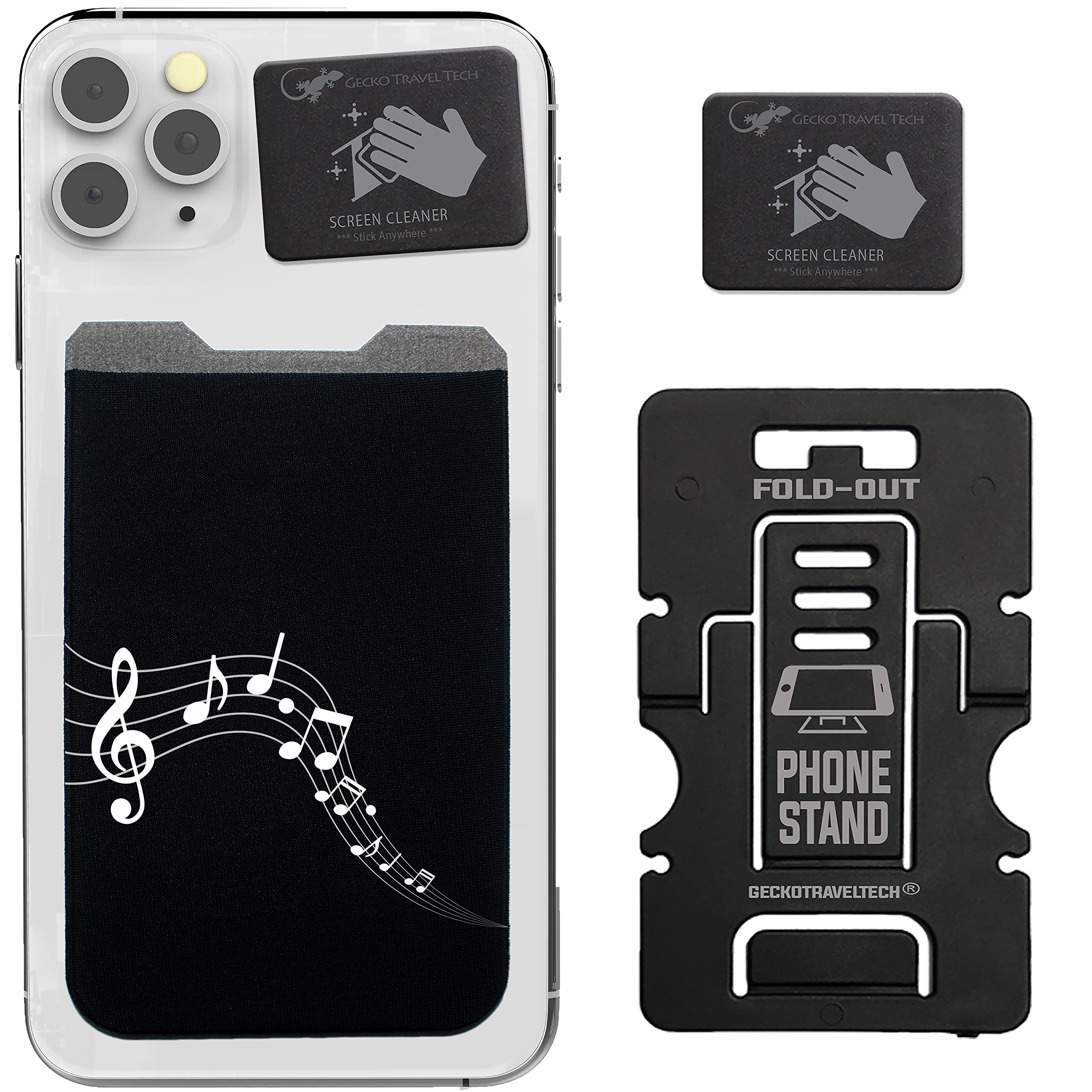 Gecko Phone Card Holder - Music Cellphone Wallet Stick On - Adhesive Phone Pouch with Bonus Stand & Screen Cleaner