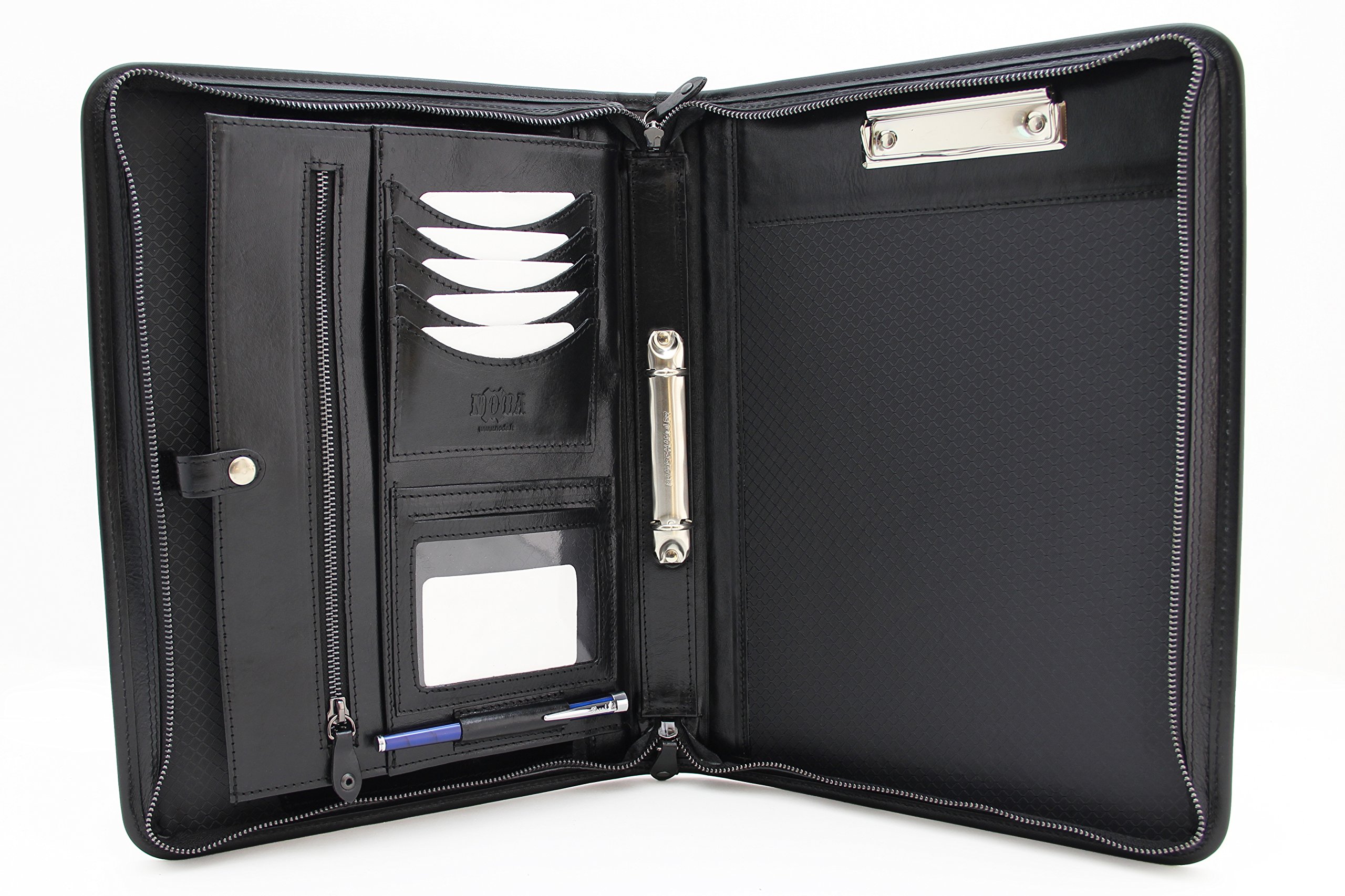 Executive Leather Padfolio 2 Ring Binder Professional Business Portfolio Document Holder Conference Folder for Men, Women Clipboard (Black)