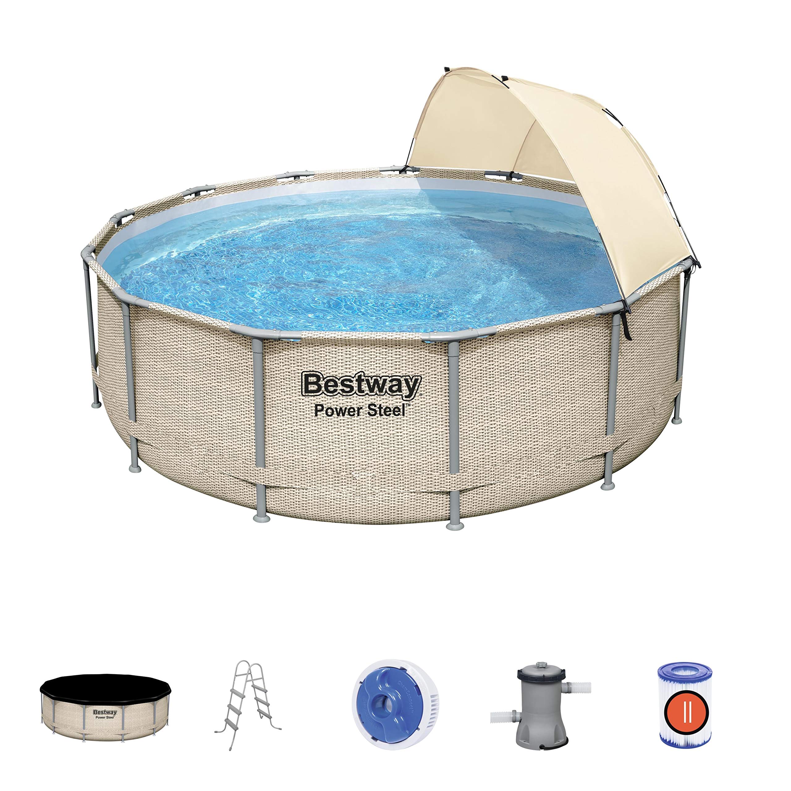 Bestway Power Steel 13' Pool, Above Ground Swimming Pool Set, Includes Pool Cover and Filter Pump, Kids and Adults Round Garden Pool, Rattan