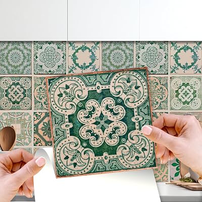 WALPLUS 24x 6in Vintage Green Azulejo Tile Stickers Peel & Stick Backsplash