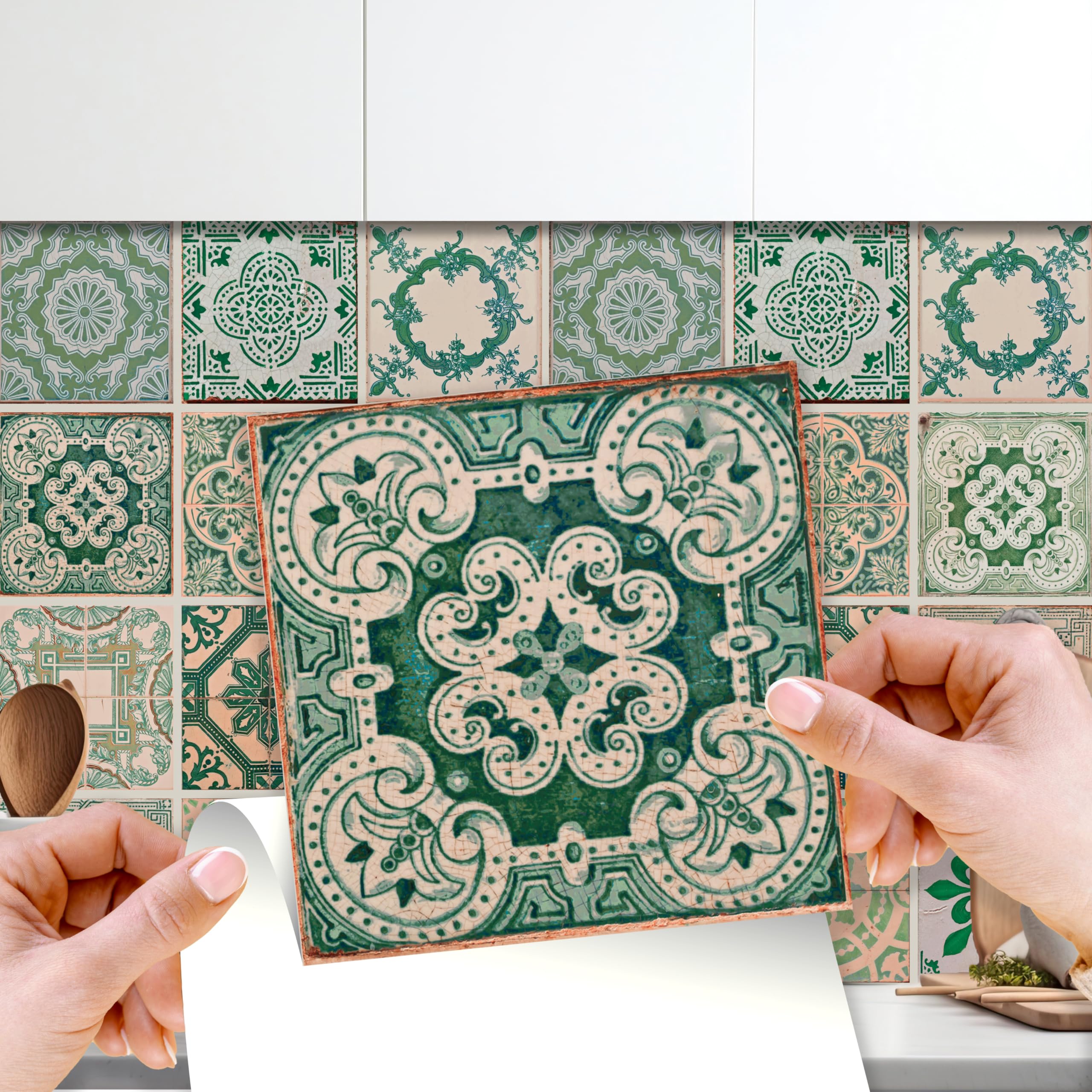 WALPLUS 15cm(6") 120 pcs Vintage Green Antique Azulejo Wall Tile Stickers Peel and Stick Backsplash Self-Adhesive Vinyl Home Decoration Living Bedroom Splashbacks for kitchen Tile Paint Stick on Tiles