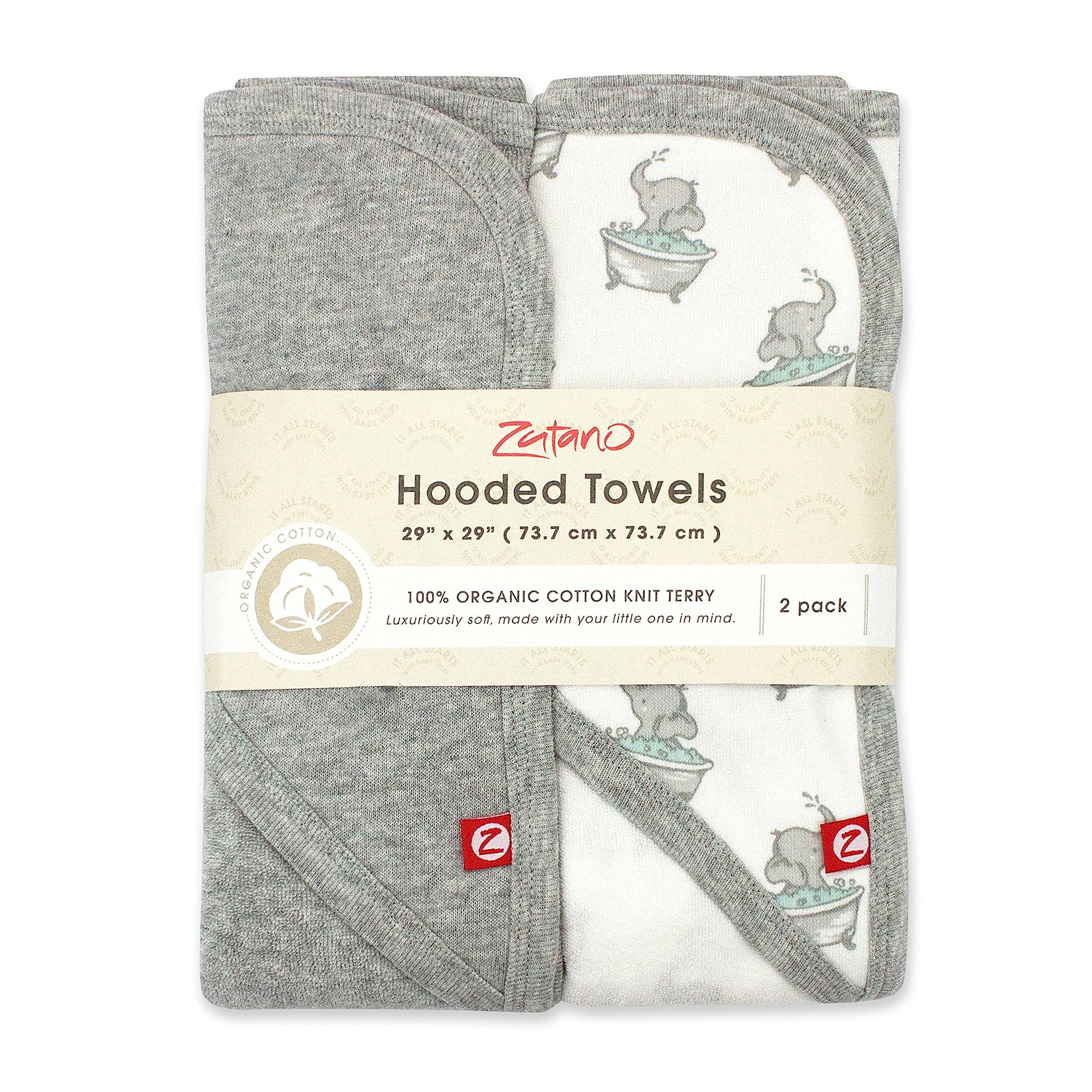 Zutano Hooded Baby Towels, Organic Cotton Baby Bath Towel, Ultra Soft and Absorbent Baby Towel for Newborn and Infant | Girl, Boy, and Unisex Towel Set, Elephant Bath Time, 2-Pack
