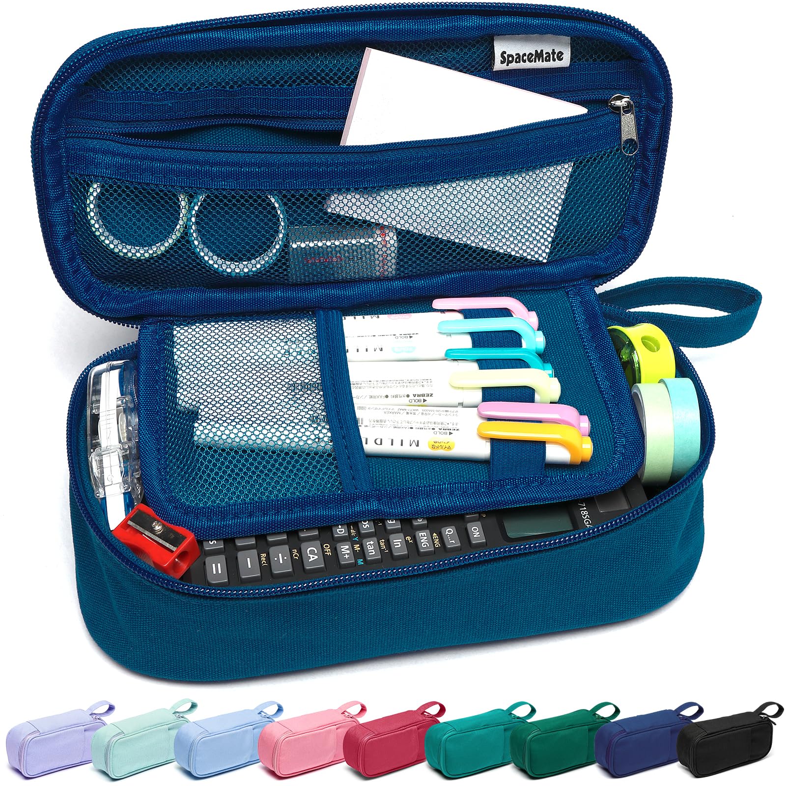 Photo 1 of SPACEMATE Pencil Case Pouch Box Bag School Supplies Girls Boys Kids, Cute Preppy Stuff Large Big Capacity Aesthetic Pen Organizer, Back to College Stationary, Midnight Blue, Heavy Duty Canvas, 1800ml