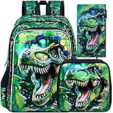 ZLYERT 3Pcs Boys Backpack, 16" Dinosaur Bookbag for Elementary Preschool Kindergarten, Dino Kids School Backpacks with Lunch Box(Green)