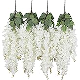 Duovlo Silk Wisteria Flower Artificial 2.13 Feet Hanging Wisteria Vine Fake Flower Bush String Home Party Wedding Decoration,Pack of 4(White)