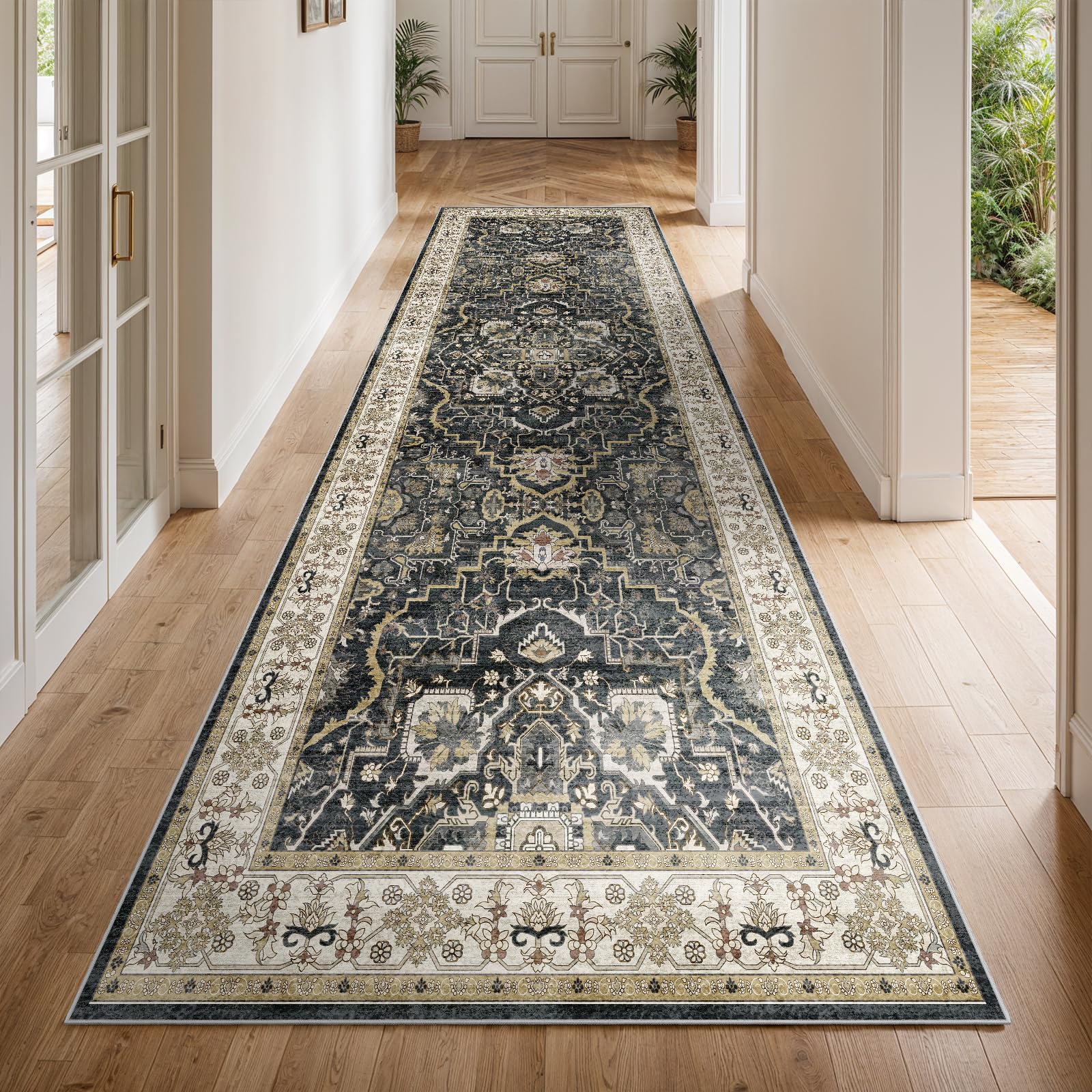 EiniHliw Washable Hallway Runner Rug - 3x10 Floor Carpet Rug Distressed Low Pile Mats Non Slip Soft Rugs for Dining Room with Rubber Backing Bedroom Runner with Vintage Design (Black 3x10)