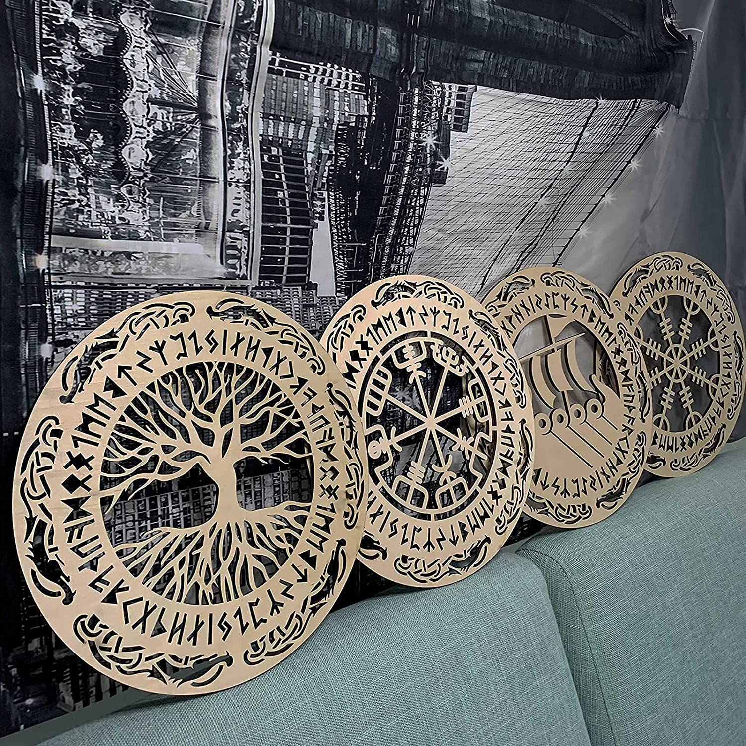 4 Pieces Viking Wooden Wall Decor Tree of Life Wall Art Nordic Viking Runes Amulet Wall Decor Wooden Viking Warship Home Decor Can Be Graffiti, Ready to Hang Living Room