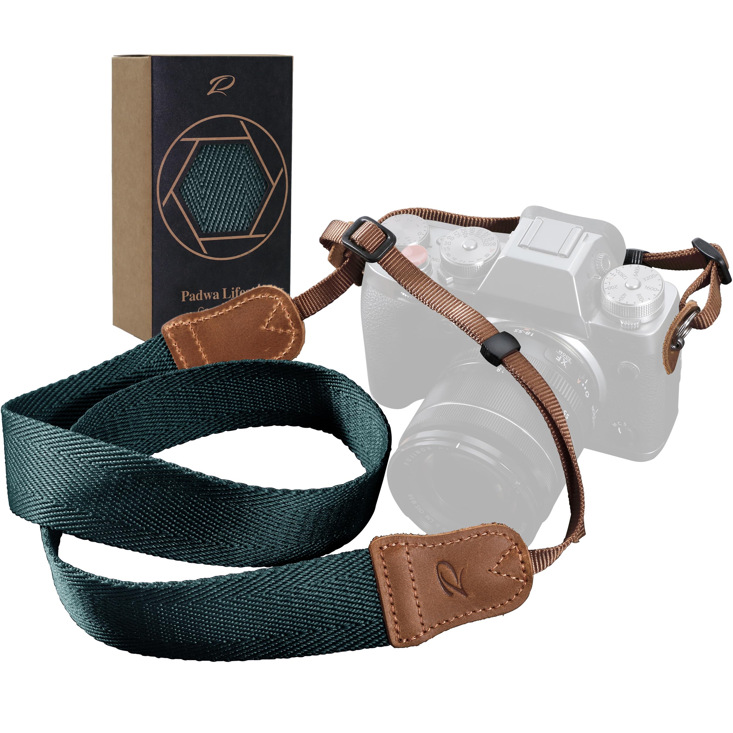 Padwa Lifestyle Dark Blue Green Camera Strap -Double Layer Crazy Horse Cowhide End,1.5" Wide Pure Cotton Woven Camera Straps,Adjustable Neck Shoulder Strap for All DSLR Cameras,Gift for Photographers