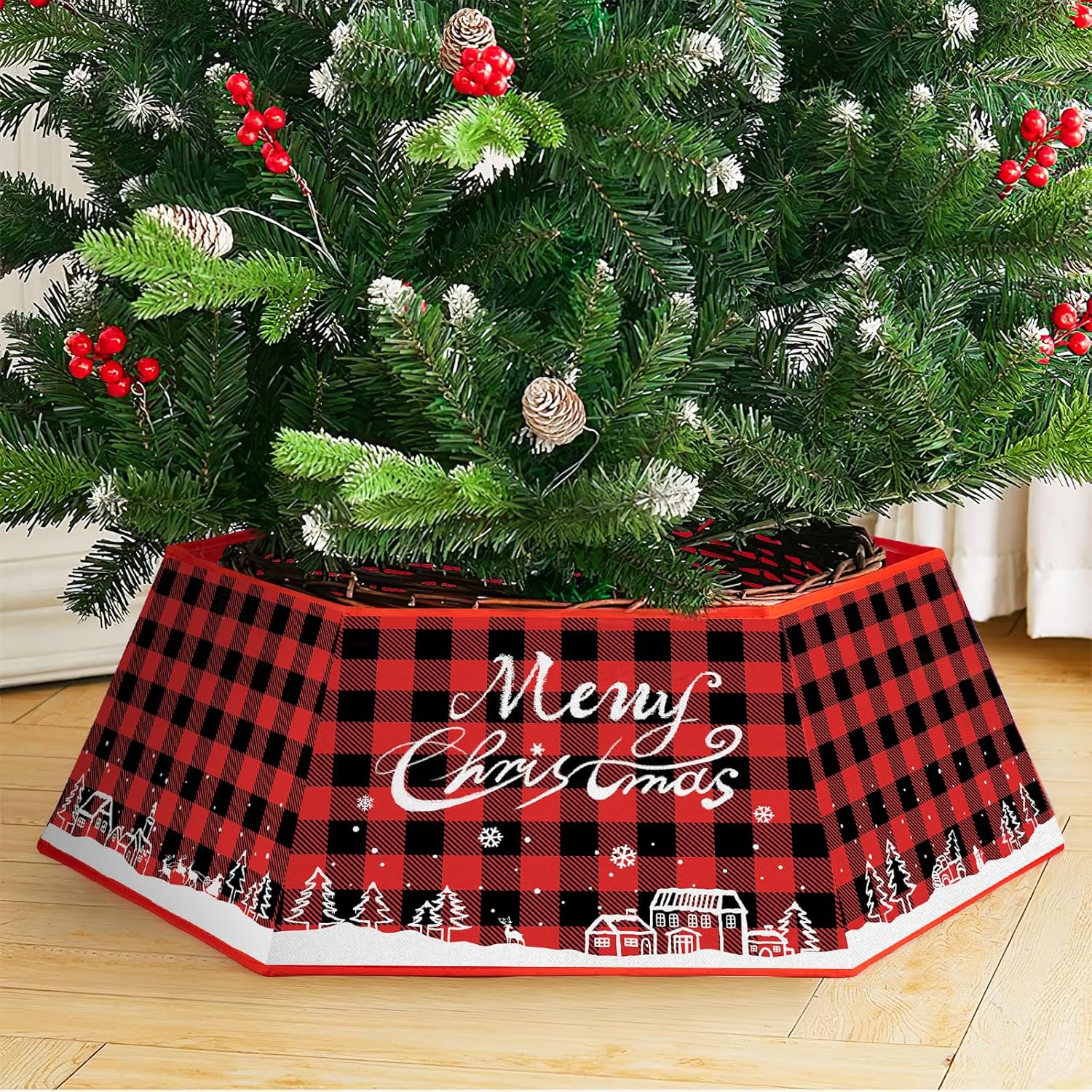 Tree Stands - Christmas Tree Collar for Artificial Trees, Tree Collar for Pencil Tree, Christmas Tree Base Cover Box Stand, Foldable Buffalo Plaid Small Tree Collars, Felt Fabric Christmas Collar Tree