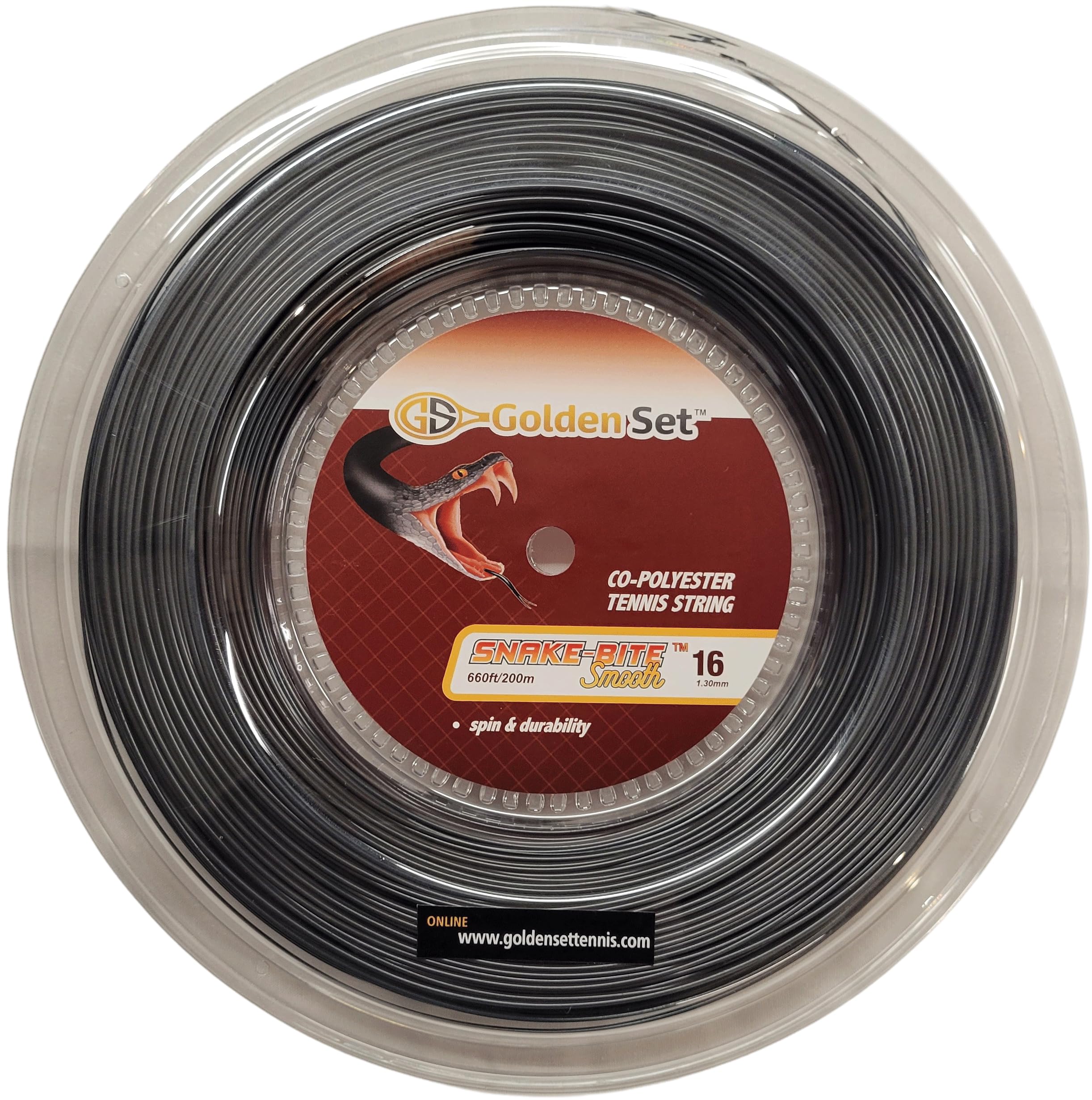 Golden Set Snake-Bite Smooth 16g (1.30mm), Reel (660ft/200m), Polyester Tennis String (Black)