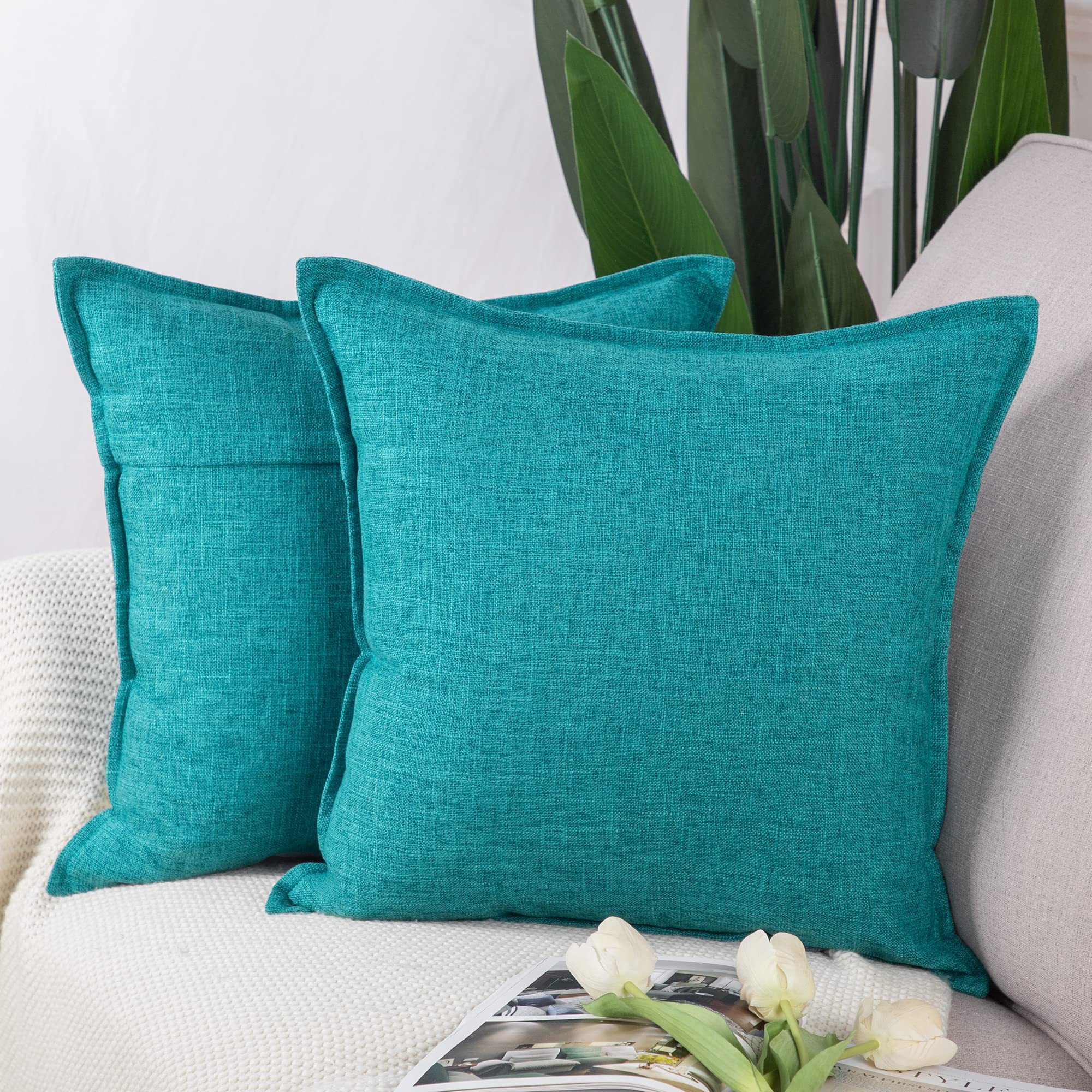Photo 1 of *COVERS ONLY* MADIZZ Set of 2 Linen Throw Pillow Covers 18x18 Inch Teal Soft Decorative Cushion Cover for Sofa Bedroom Pillow Shell