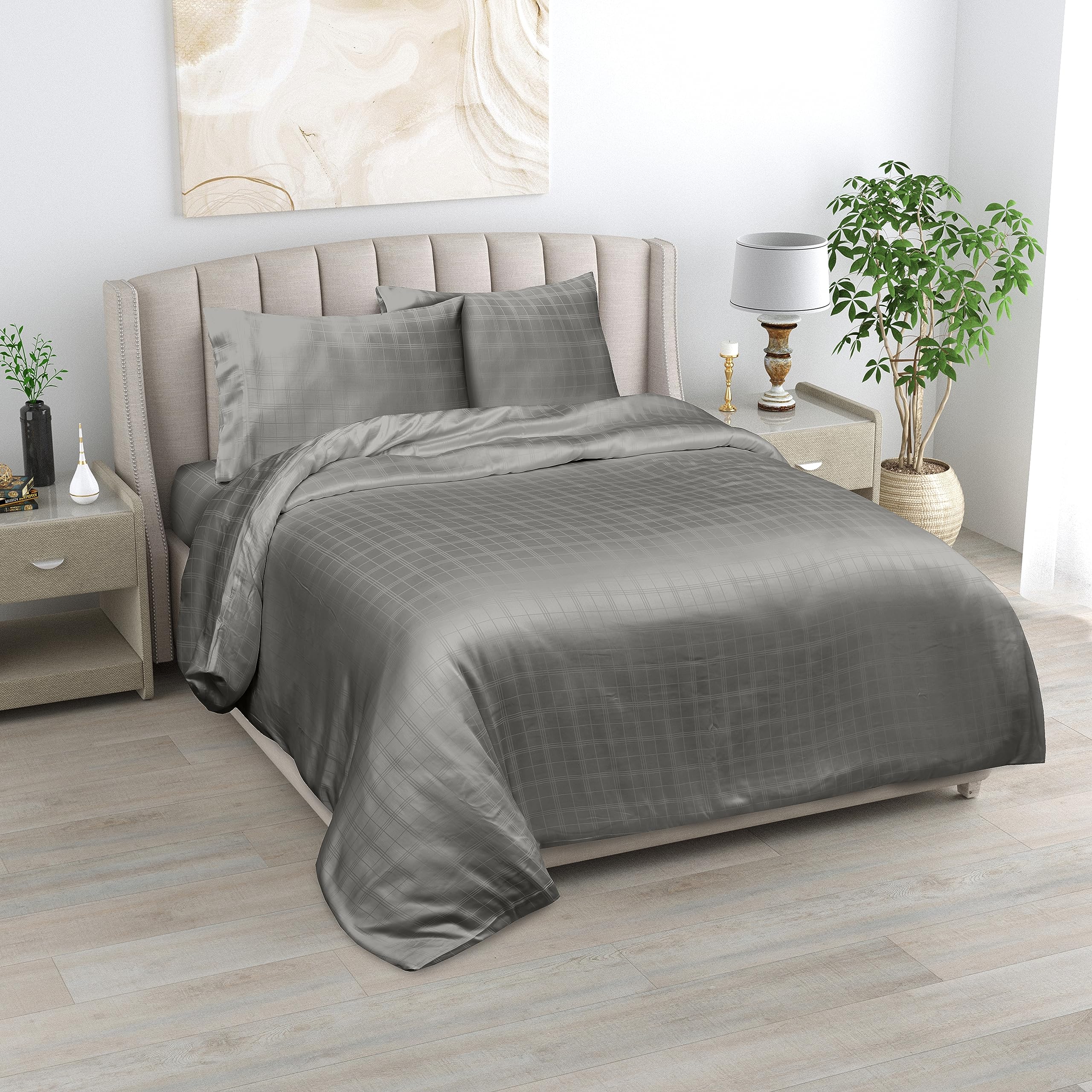 LINENWALAS Single Duvet Cover Set- 100% Organic Bamboo Silk Designer Checks 2 Piece Duvet Cover, 140x200 cm Comforter Cover, Cooling Duvet Cover Set with Zipper Closure (Charcoal Grey, Single)