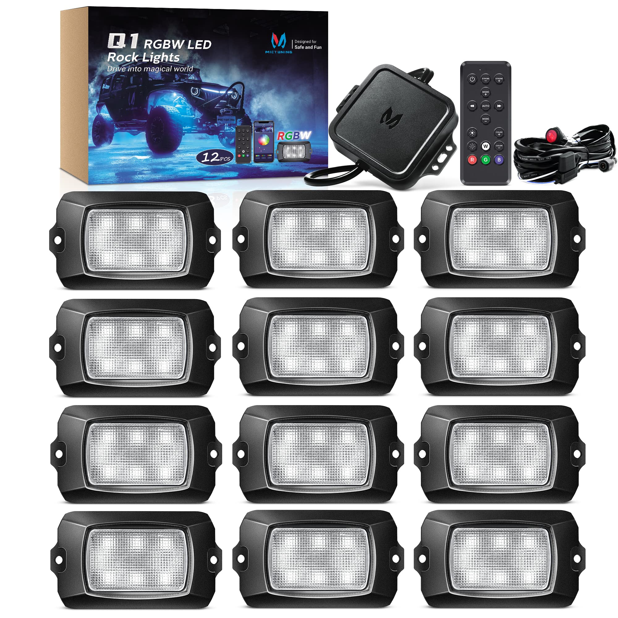 Photo 1 of MICTUNING Q1 RGBW LED Rock Lights, 12 Pods Underglow Multicolor Neon Light w/Wiring Switch Kit, Bluetooth App Controller & Remote Control Flashing Music Mode Wheel Well Light for Truck ATV UTV RZR SUV