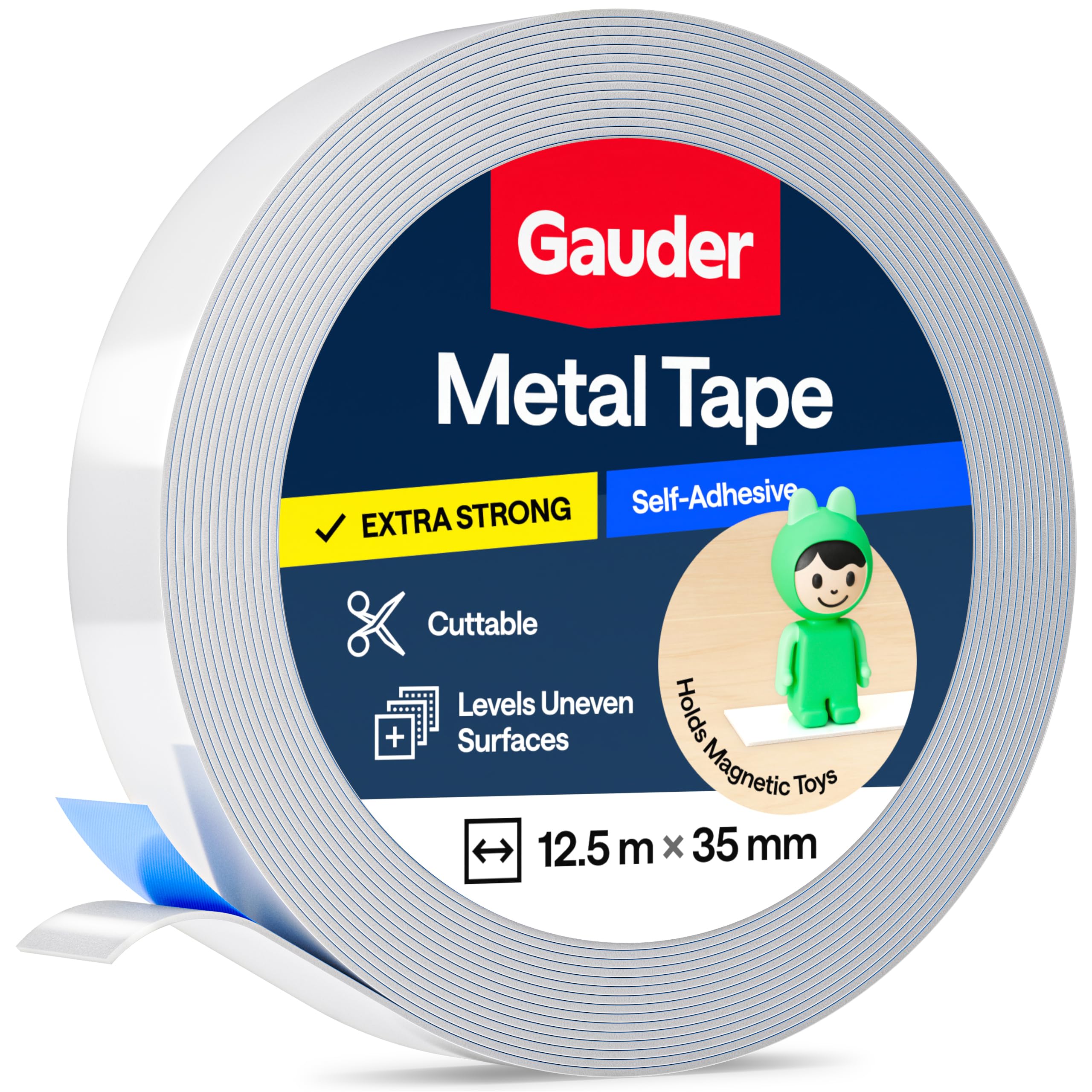 GAUDER Self-Adhesive Metal Tape - Ideal for Tonie® Figures & Shelves - Holding Surface for Magnets - Ferrous Tape with Foam Adhesive - Thin Metal Steel Strip (12.5 m x 35 mm)